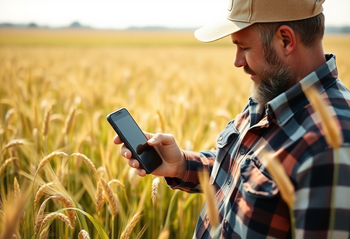 Farmer using a smartphone with an IoT sensor