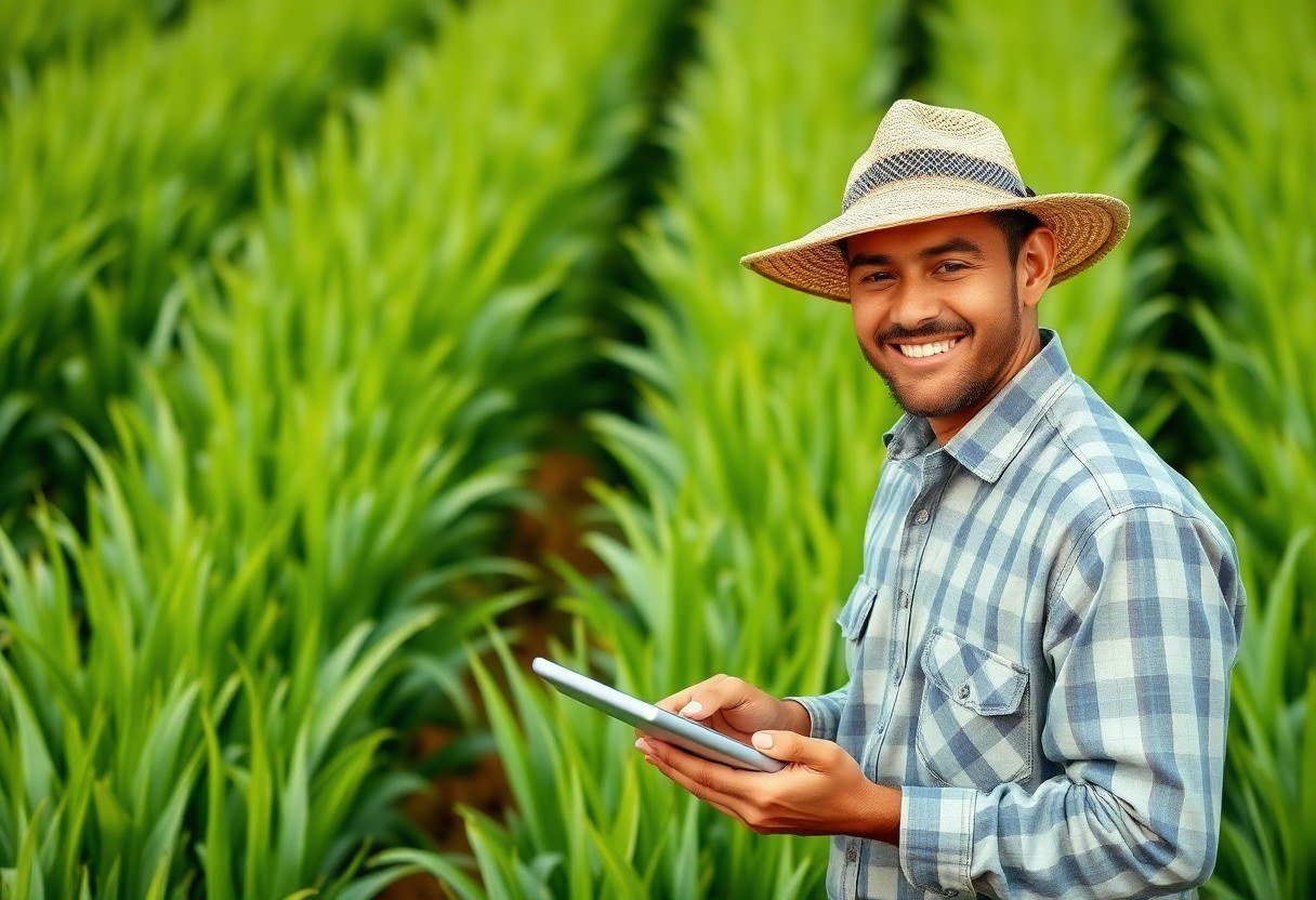 Smiling farmer in a green field