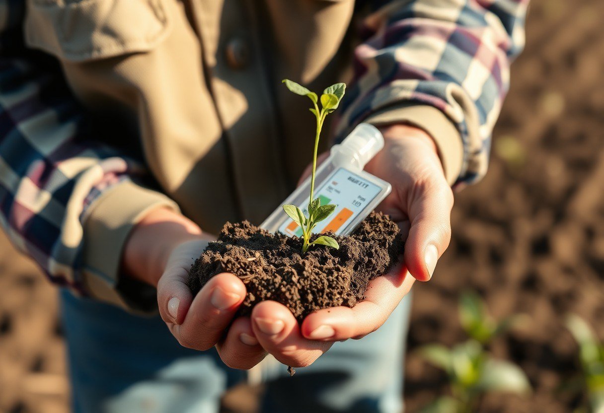 Soil quality test vial in a farmer's hand