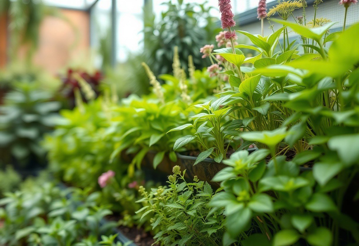 Various plants in a vertical layered garden