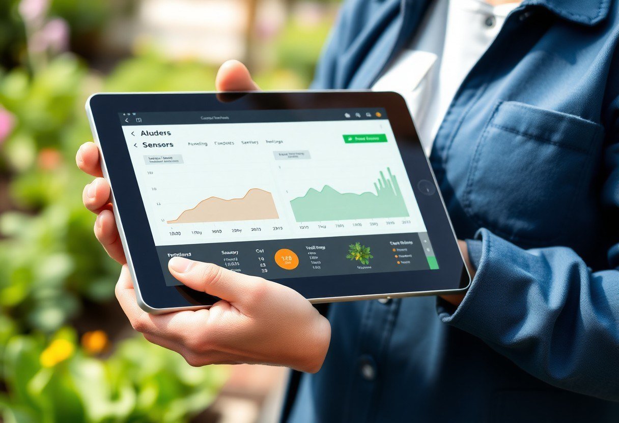 Person holding a tablet displaying data from a farming app