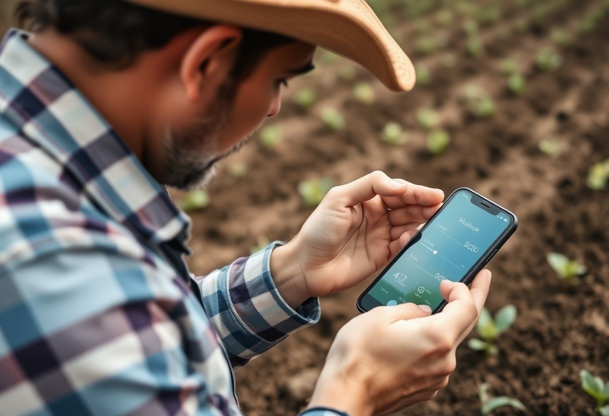 Farmer analyzing soil moisture levels using a smartphone app