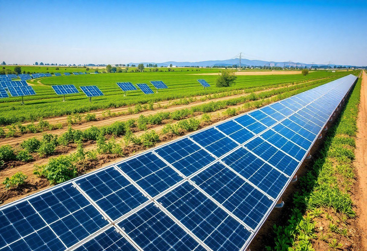 Solar panels powering an irrigation system in a rural area