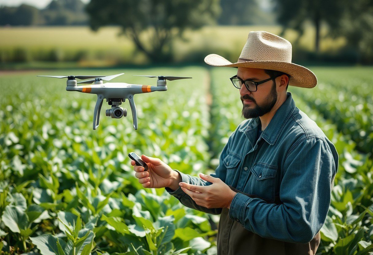 Farmer checking crop health using a drone