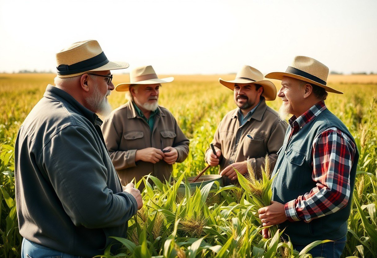 Group of farmers discussing crop yields and market expectations