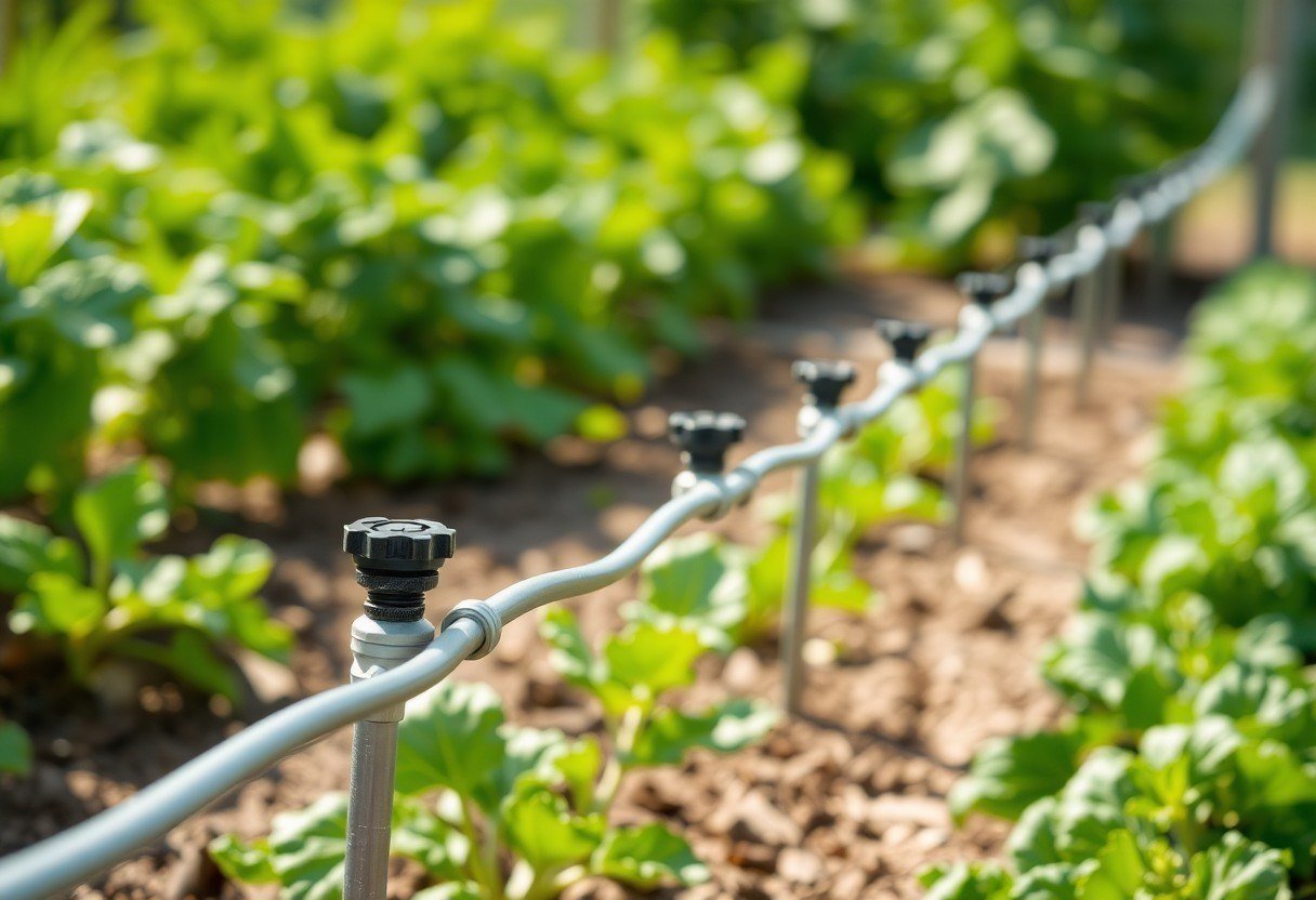 Drip irrigation system in a vegetable garden