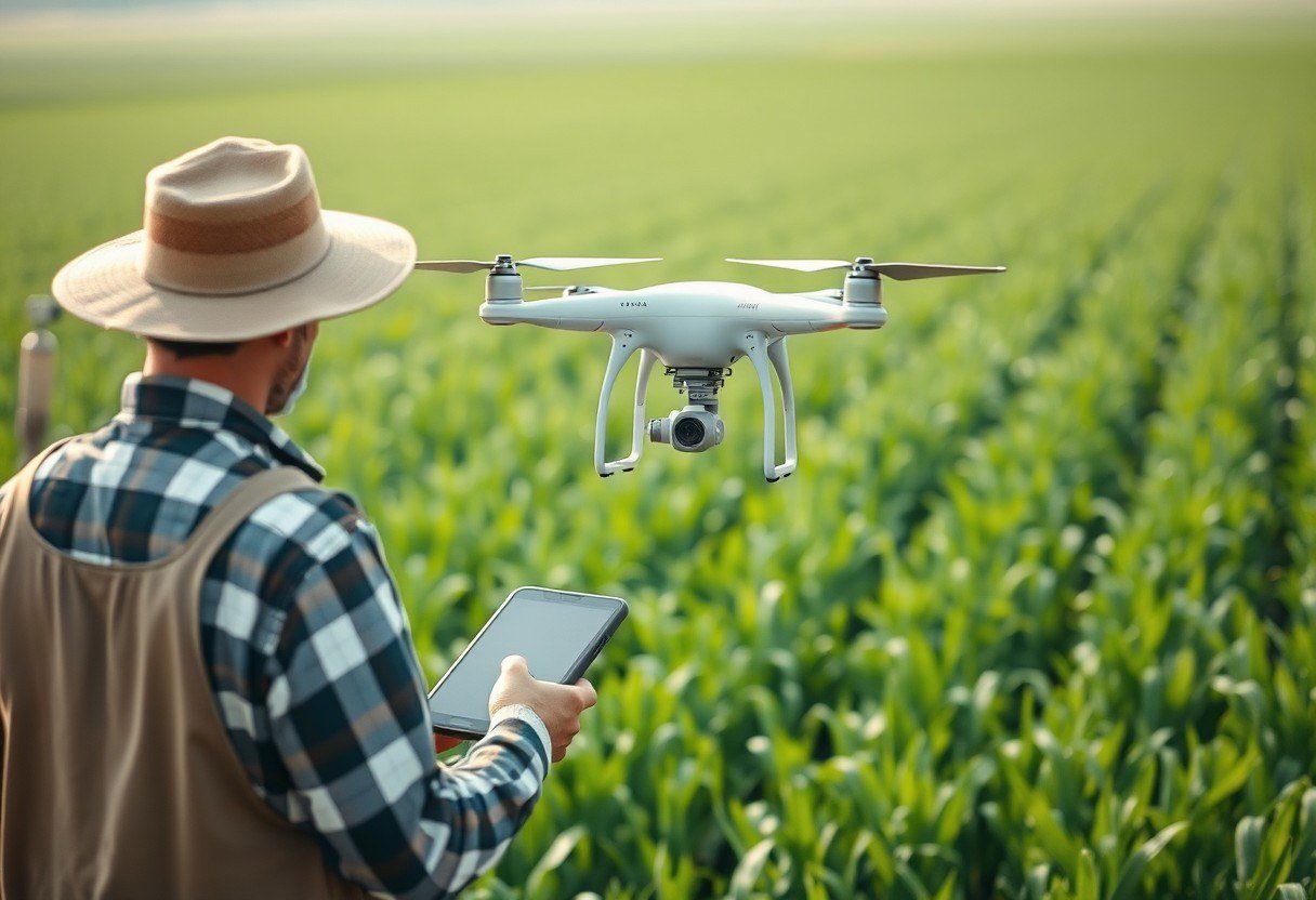 Farmer monitoring crop growth with a drone