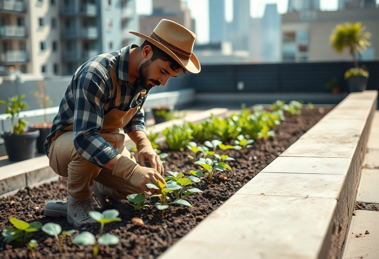 Urban farmer checking soil moisture