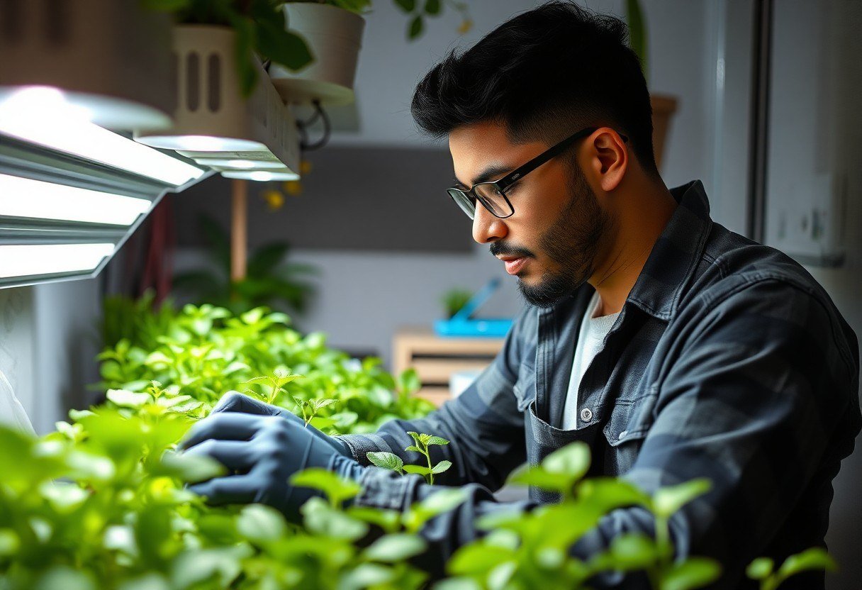 Urban farmer using LED grow lights in a small indoor garden
