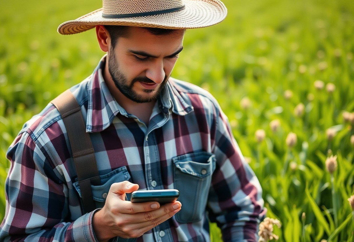 A farmer viewing sensor data in the field