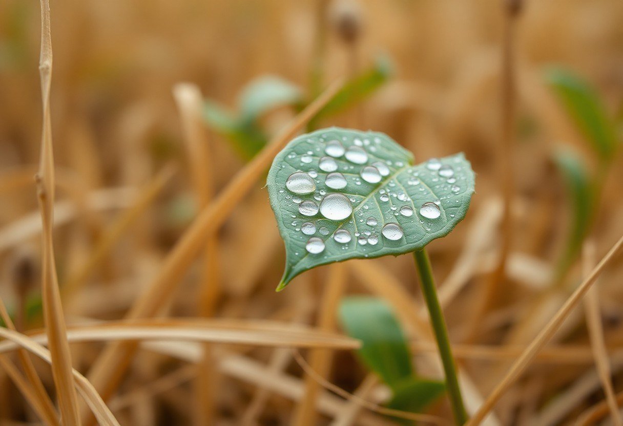 Water droplets on a leaf in a dry field