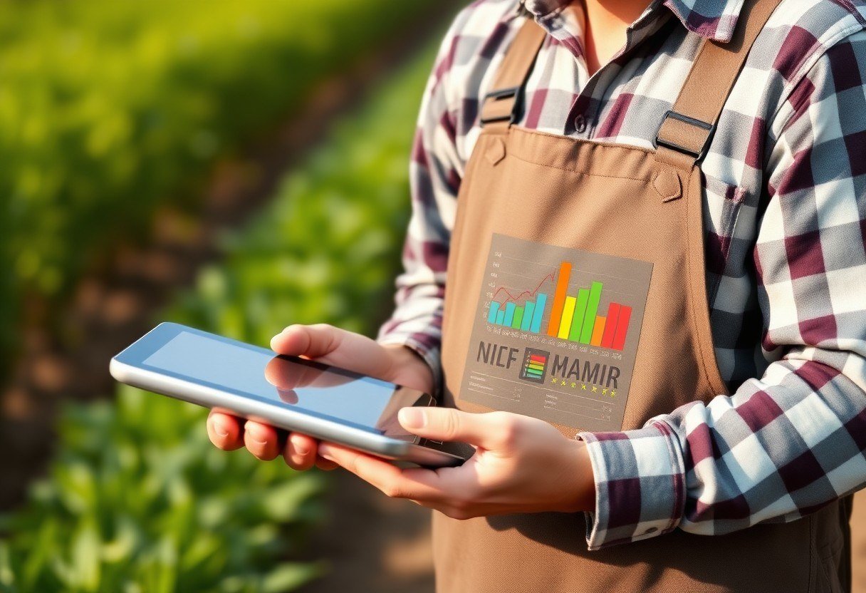 A farmer holding a tablet with farm management software