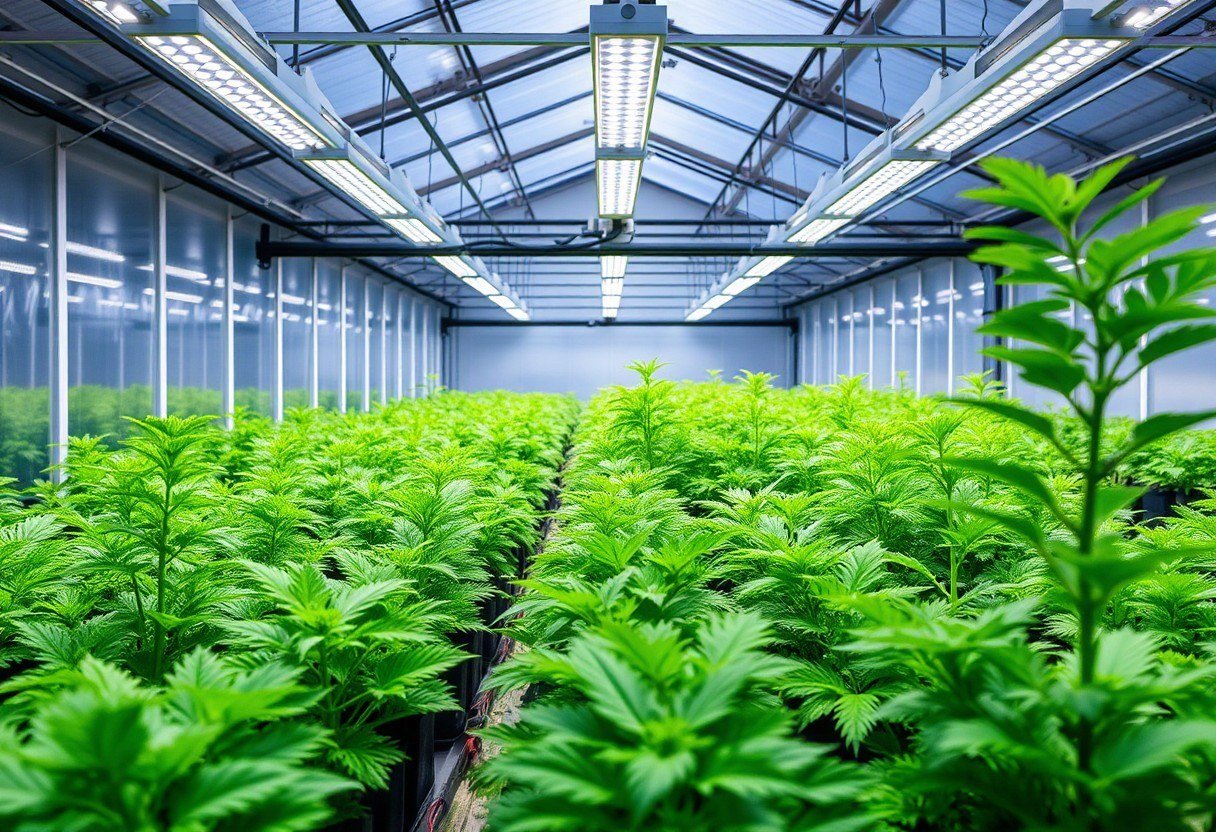 Automated greenhouse with LED lights and climate monitoring