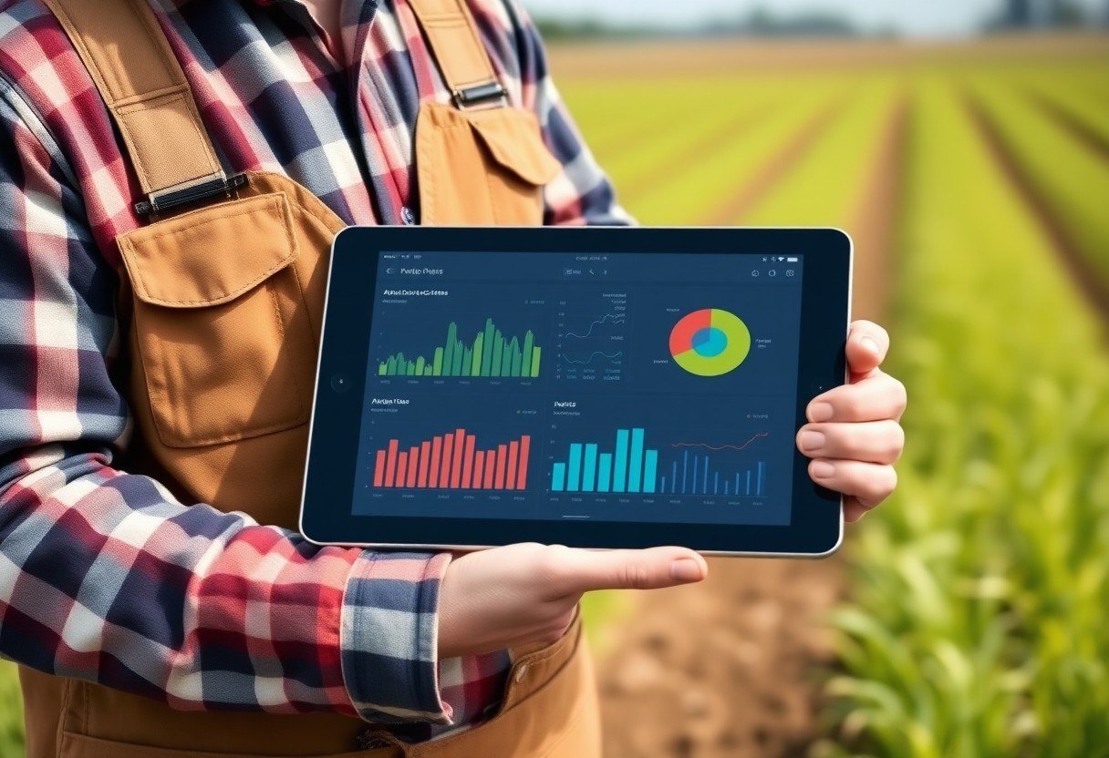 A farmer holding a tablet displaying analytical data