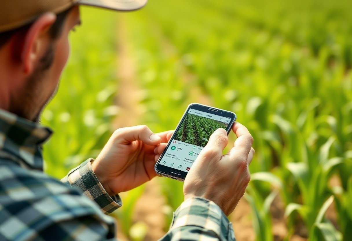 A farmer using a smartphone app to monitor crop health