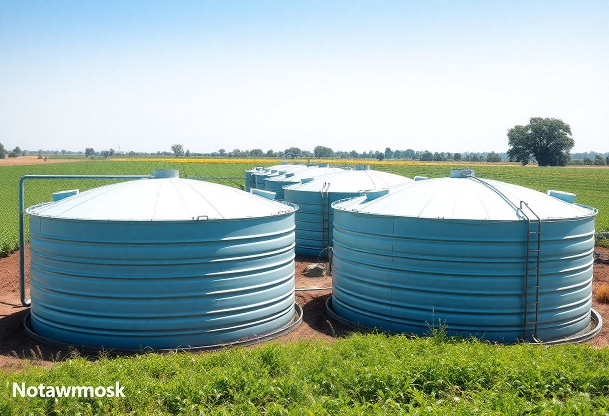 Water storage tanks on a farm