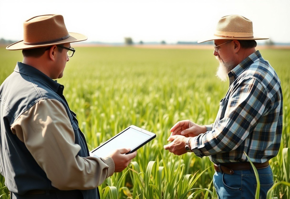 Farmers discussing in a field with a tablet