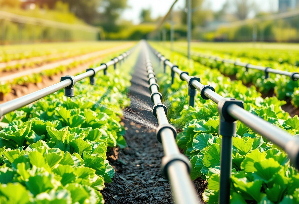 Drip irrigation pipes in a sunny garden