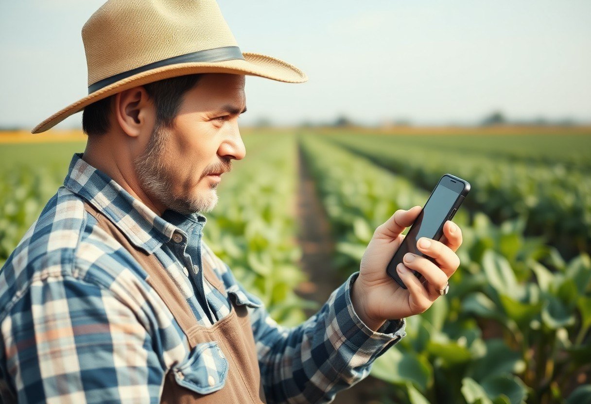 Farmer using a smartphone to monitor his crops