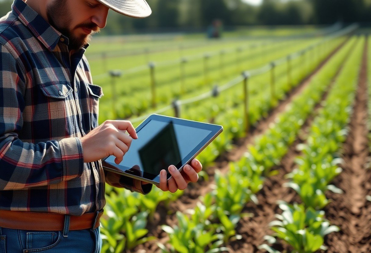 Farmer holding a tablet with a smart irrigation system