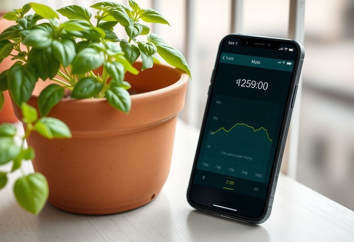 Smartphone screen showing soil moisture data next to a basil pot on a rooftop