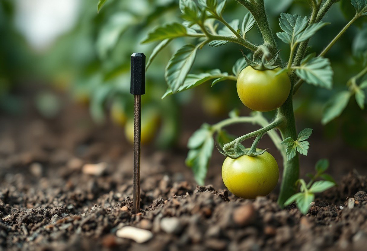 Soil moisture sensor inserted in the ground next to a small tomato plant