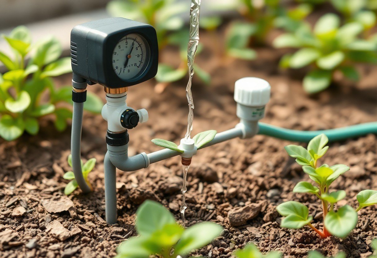 Simple automated drip irrigation system with a timer and water filter connected to a garden hose