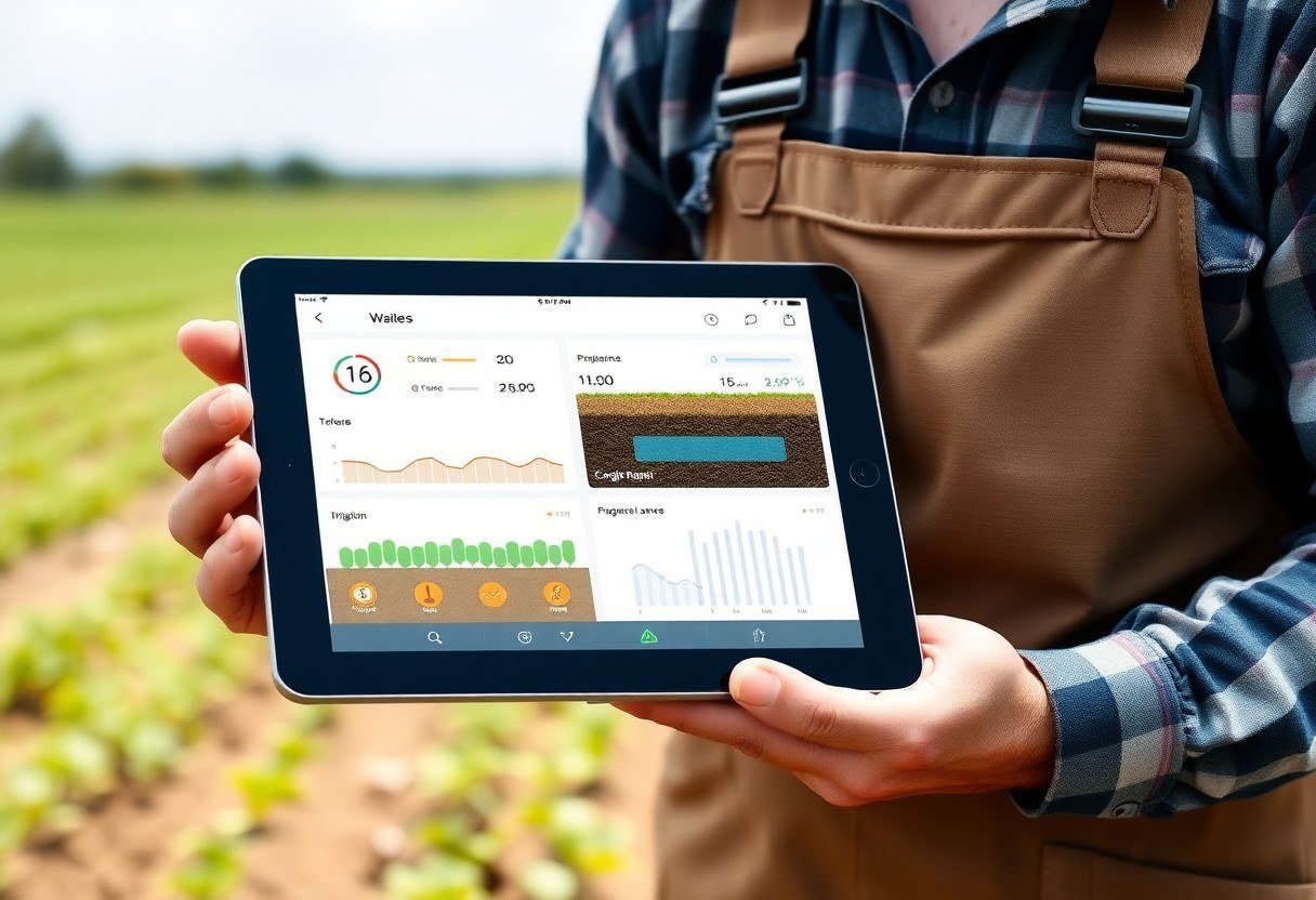 Farmer looking at a tablet showing a dashboard with soil moisture, temperature, and irrigation status