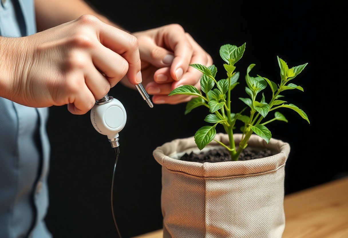 Person adjusting a soil moisture sensor with a screwdriver next to a small green pepper plant in a fabric pot
