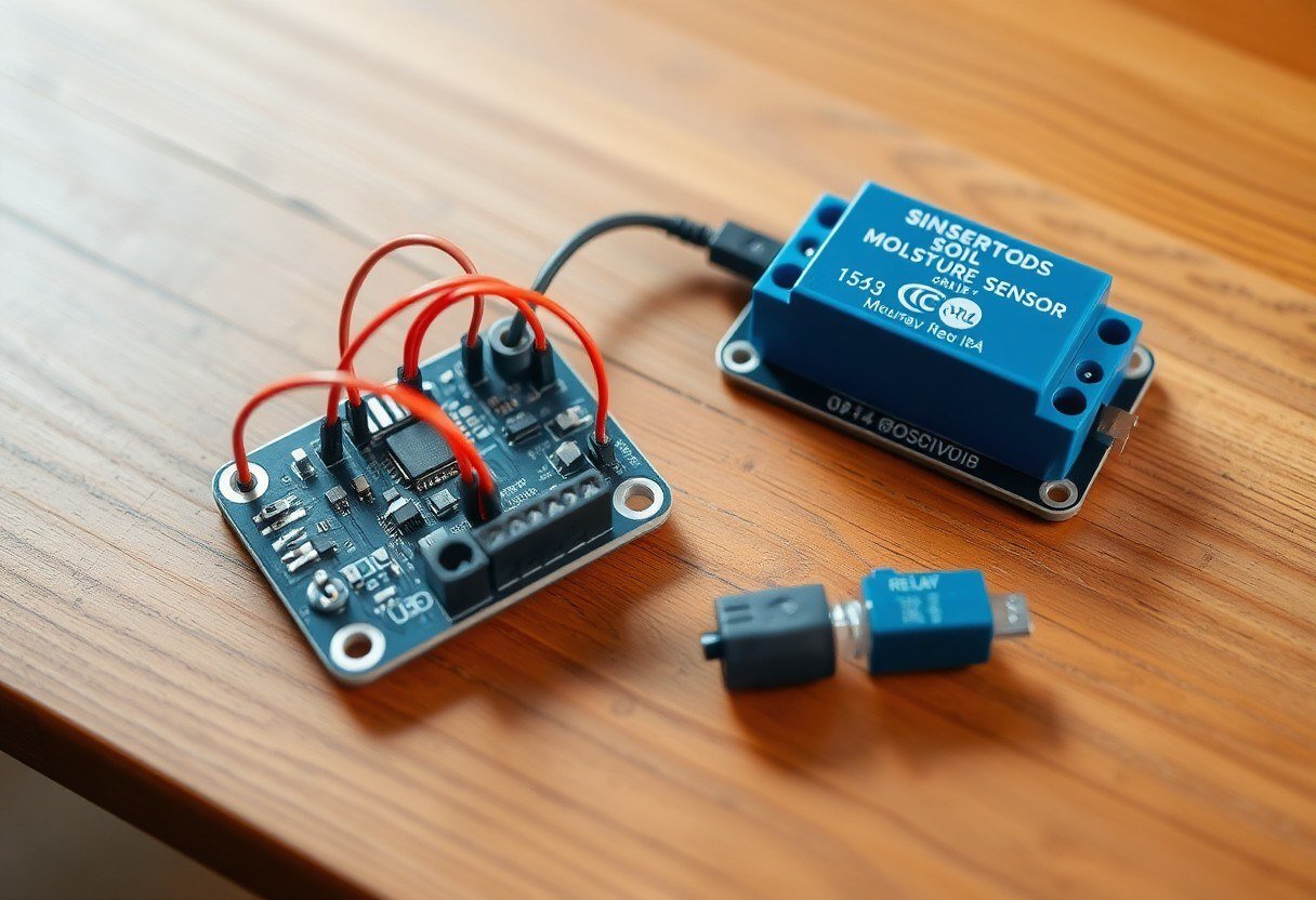 Small electronic board with wires connected to a soil moisture sensor and relay on a wooden table