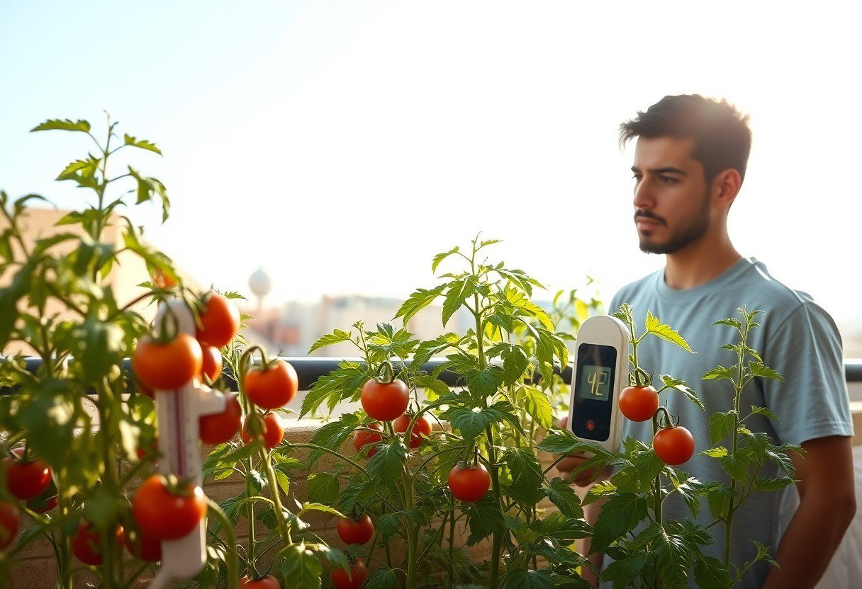 Tomato plants wilting on an Egyptian balcony under a scorching sun