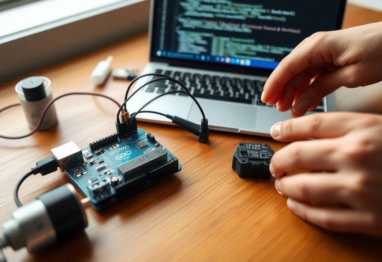 Two hands connecting a moisture sensor to an Arduino board on a wooden table