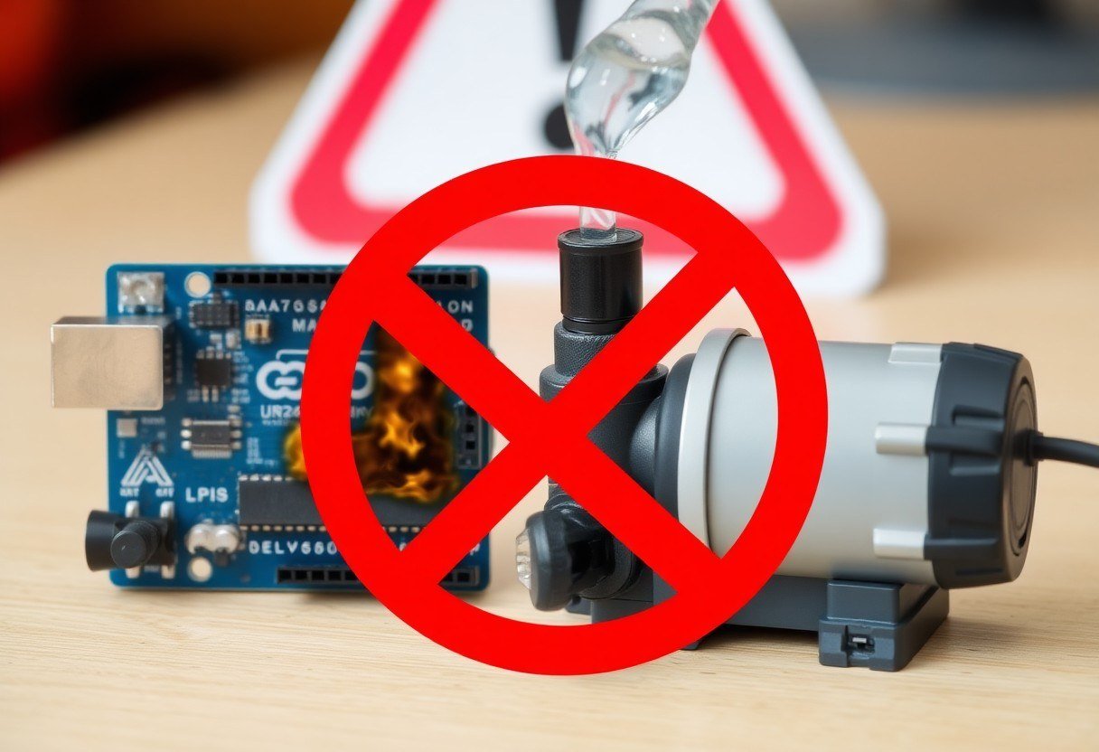 A burnt Arduino board next to a water pump with a danger sign