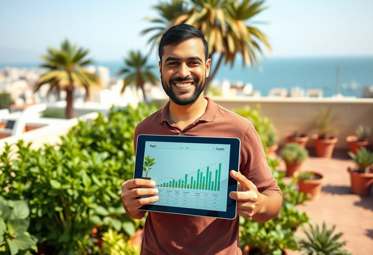 A smiling Egyptian man holding a tablet in a green rooftop farm in Alexandria