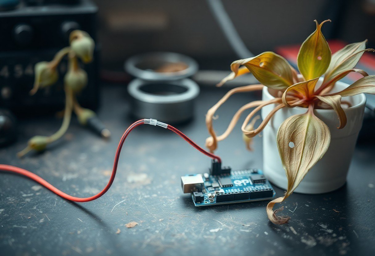 A thin connection wire detached from an Arduino board next to a wilted plant