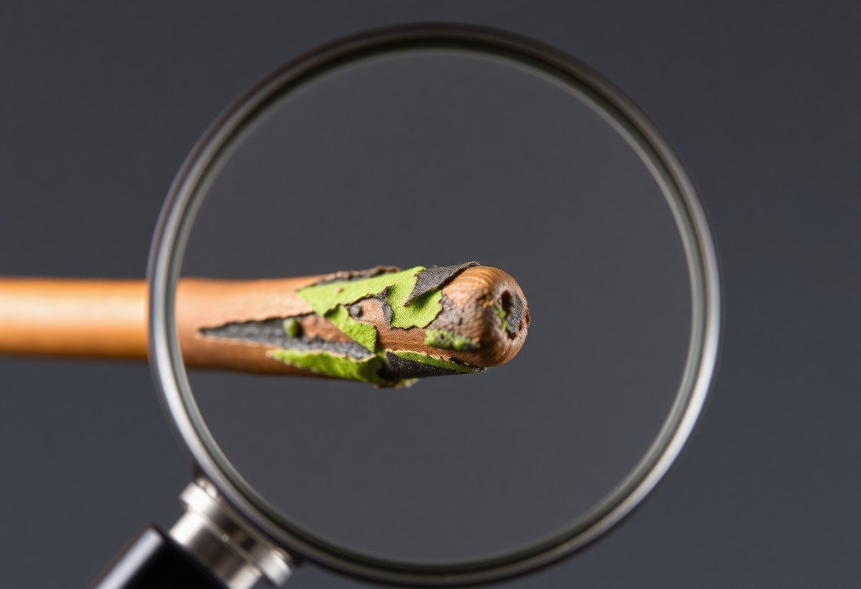 A corroded copper jumper wire end under a magnifying lens