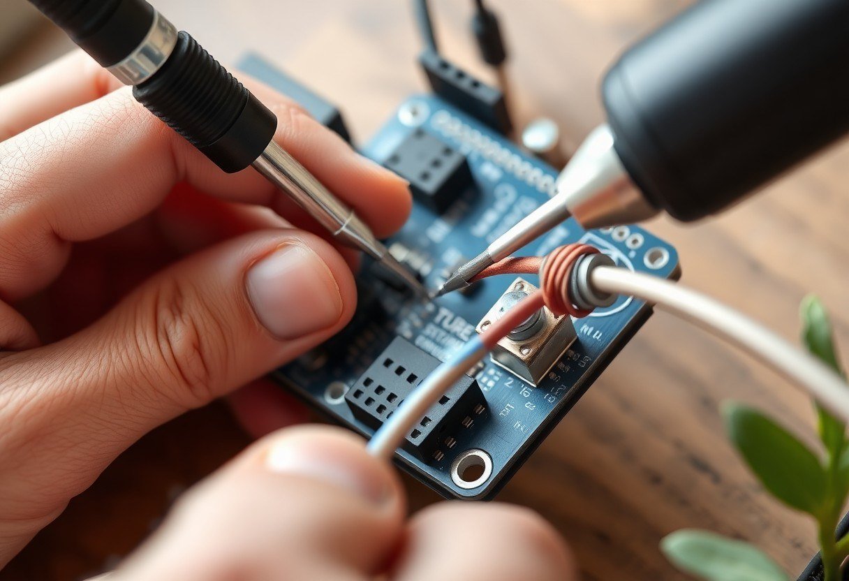 A hand securing a wire into a screw terminal on an Arduino shield using a screwdriver