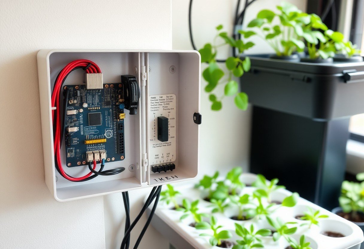 An organized Arduino control box with a screw terminal shield and tidy cables mounted on a wall next to a hydroponic system