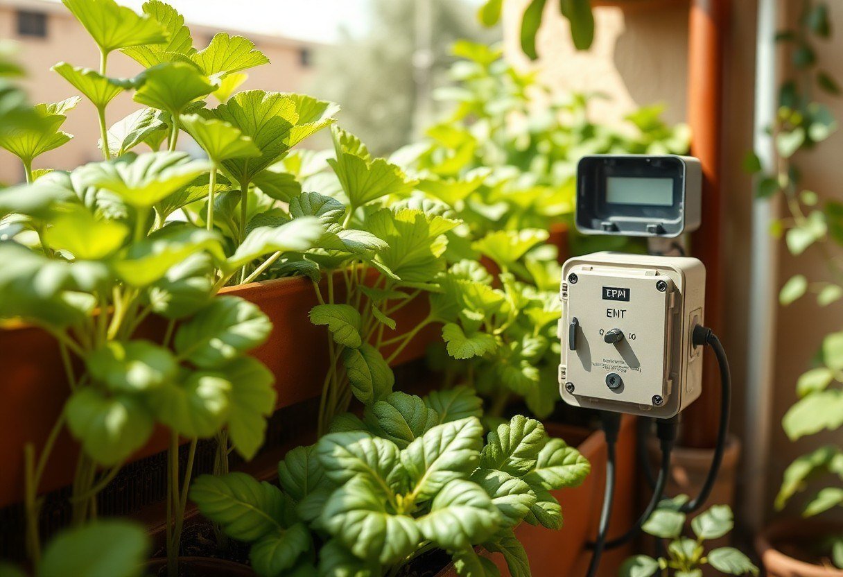 An Egyptian balcony garden with leafy vegetables and a small weather-protected control box