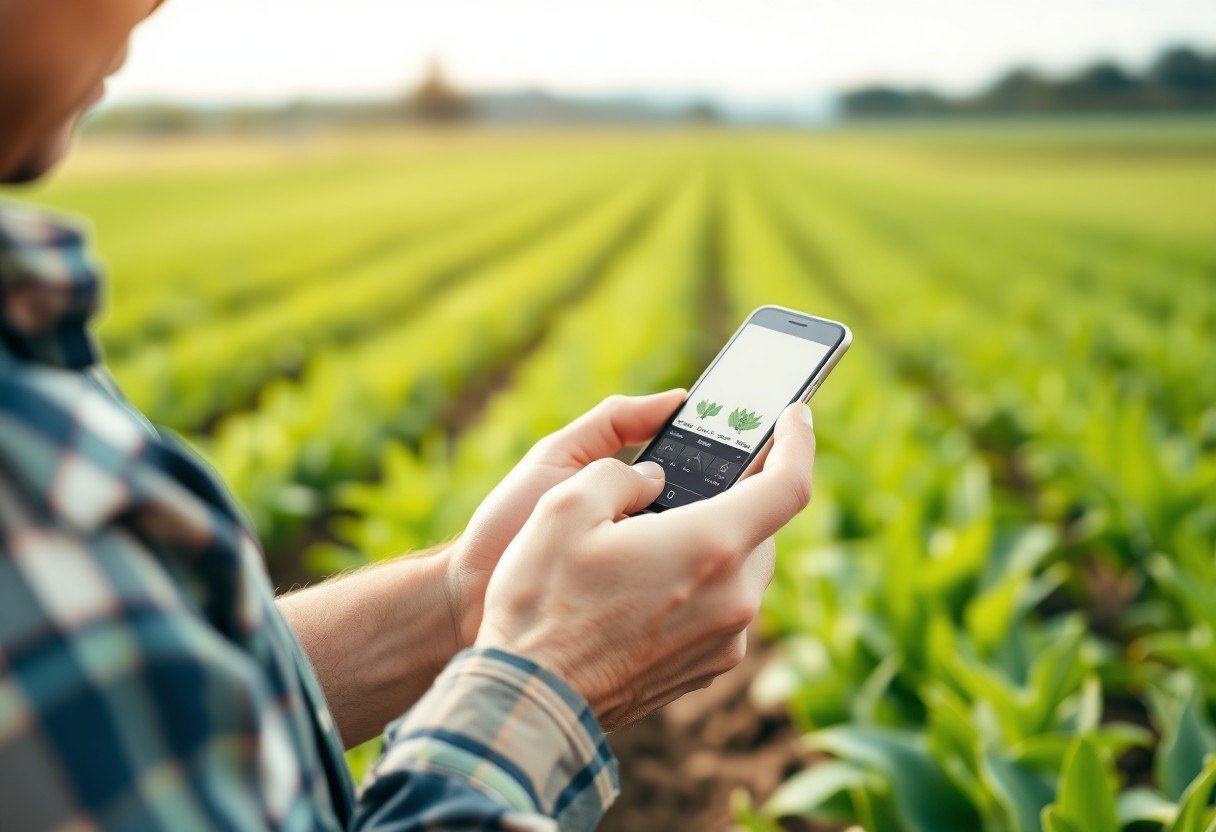 Farmer using a smartphone to monitor soil moisture