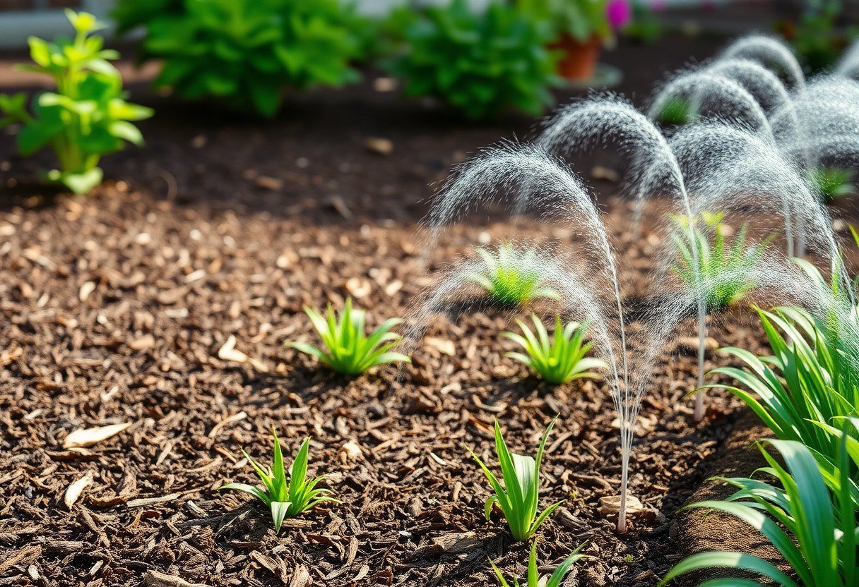 Garden with mulching materials and an efficient irrigation system