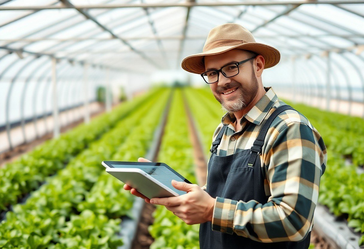A farmer controls farming operations using smart applications