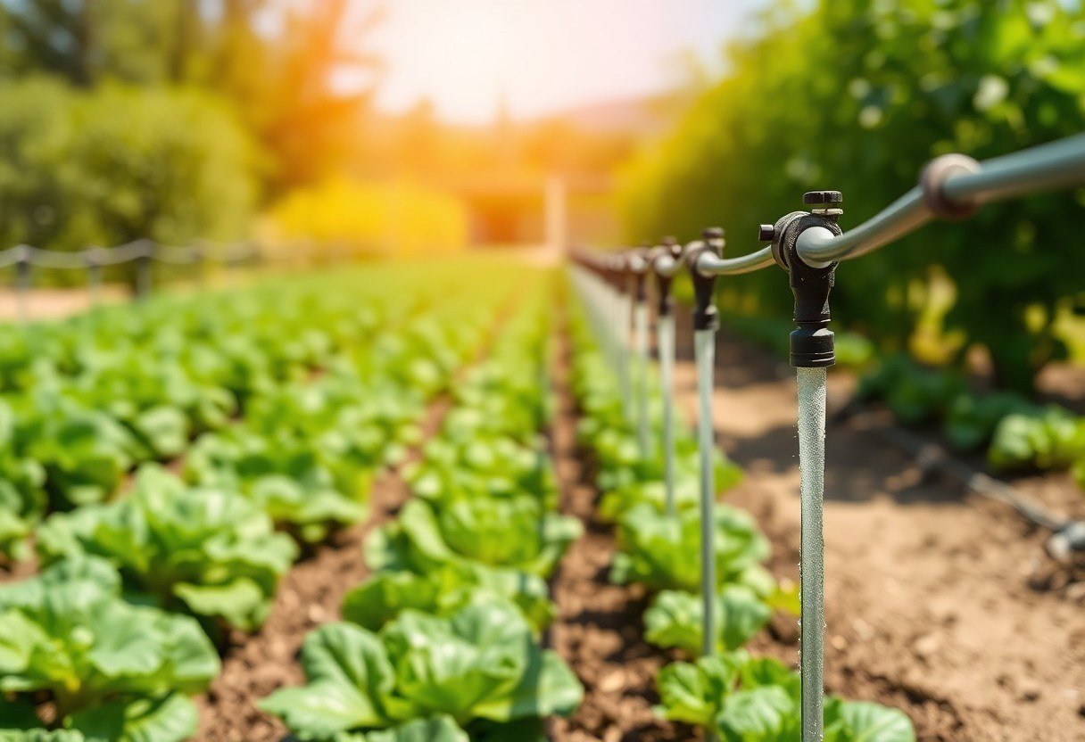 Precision irrigation pipes watering vegetable crops in a sunny field