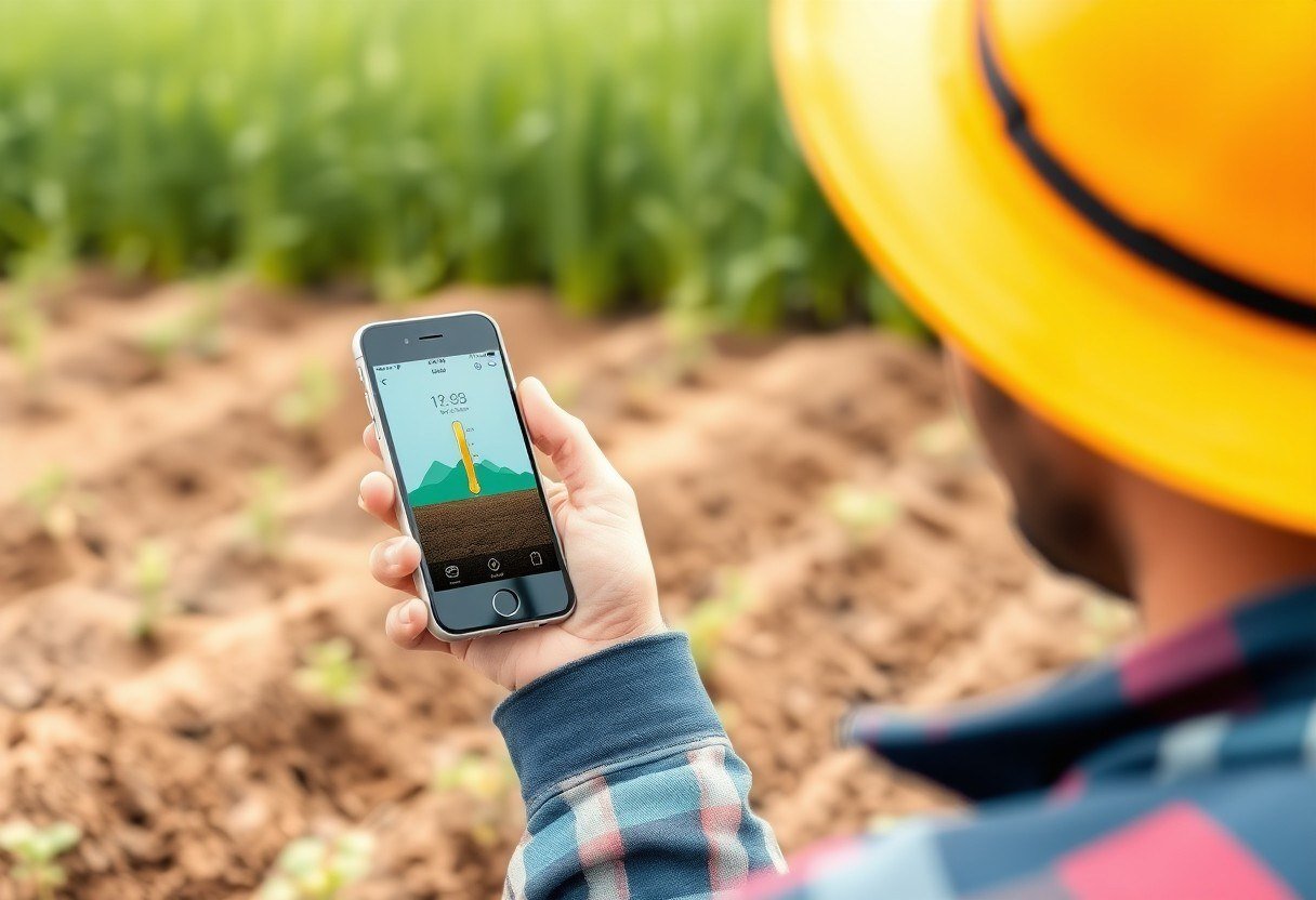 A farmer uses an app to monitor soil moisture and temperature