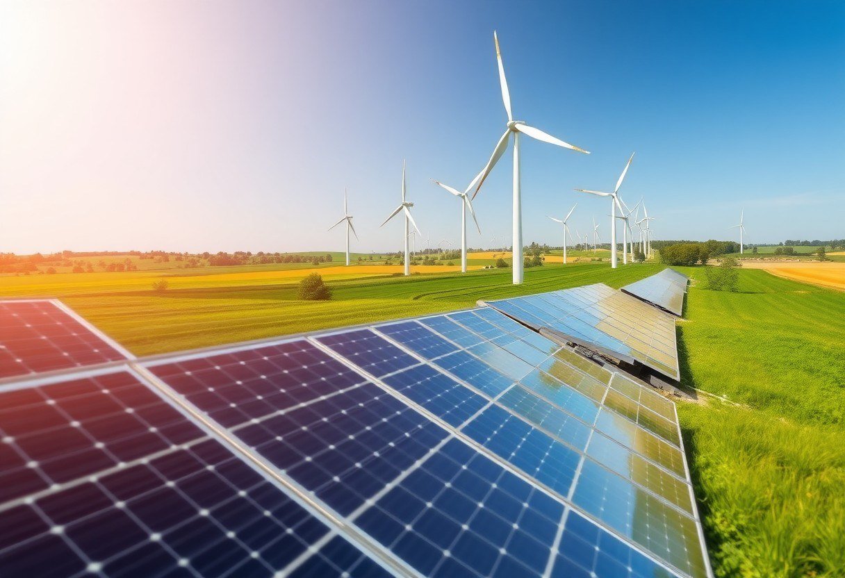 Solar panels and wind turbines generating renewable energy in a rural area
