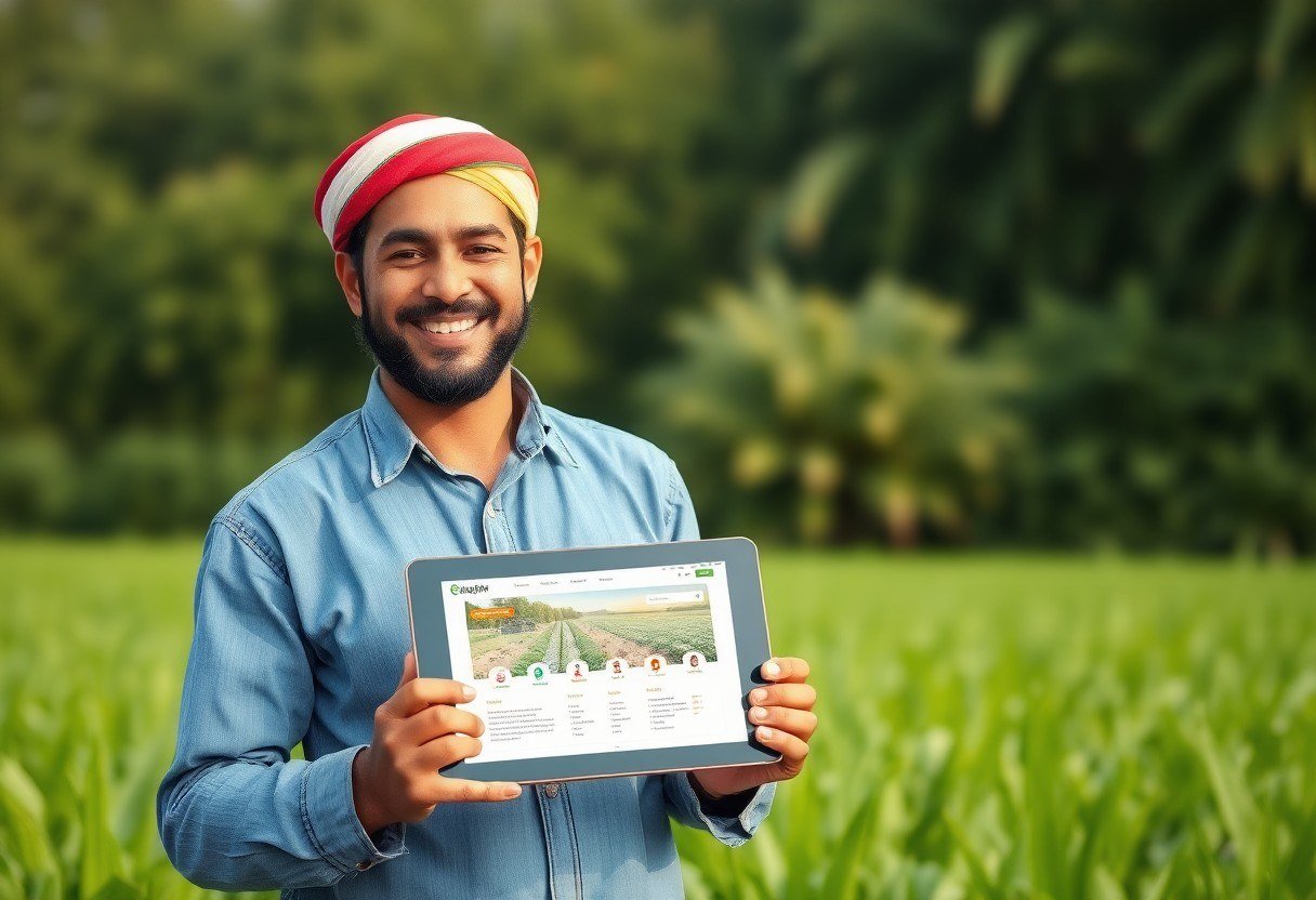A smiling Egyptian farmer holding a tablet with a farming app in a green field