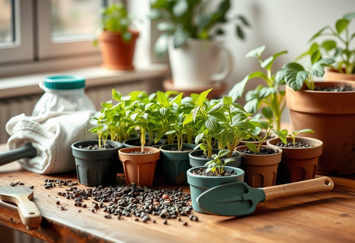 Indoor gardening tools on a wooden table