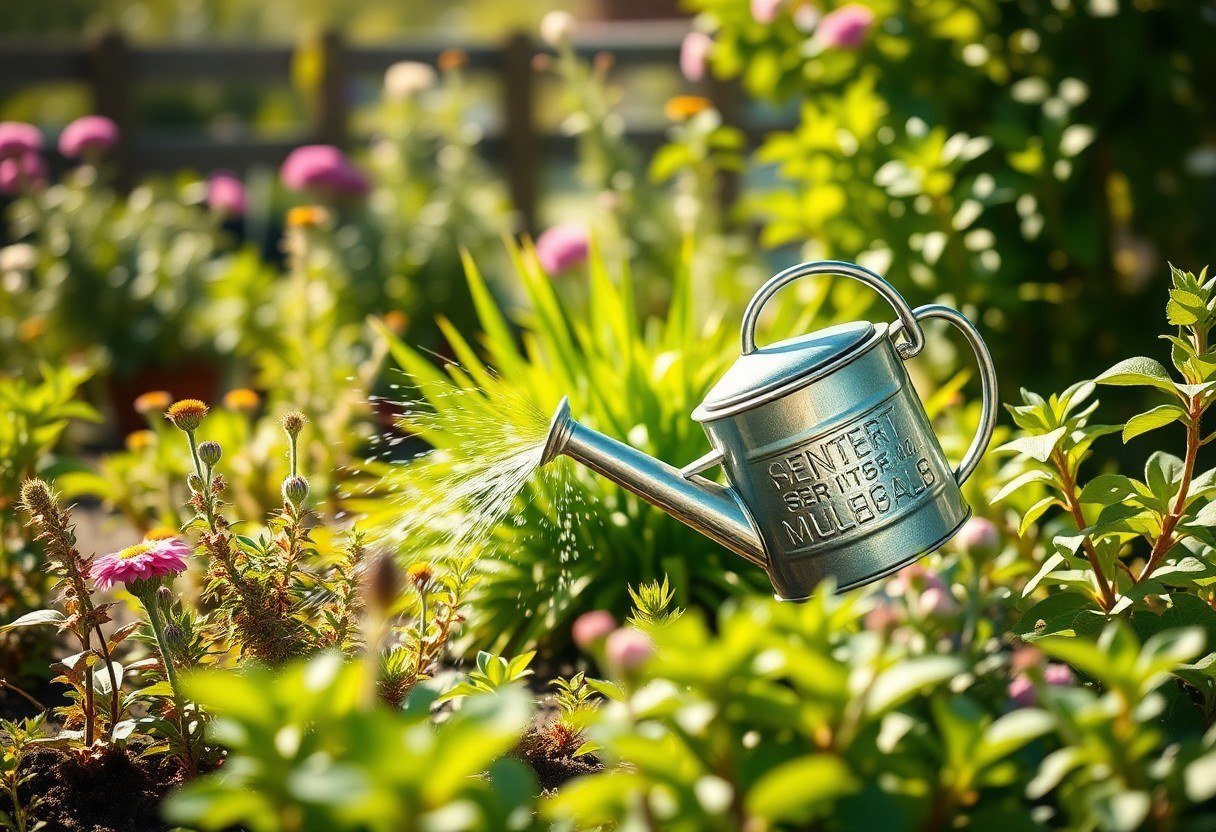 Watering can and plants in a sunny garden