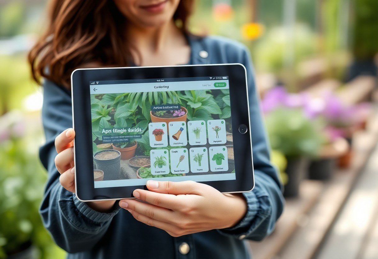 Person holding a tablet with a gardening app