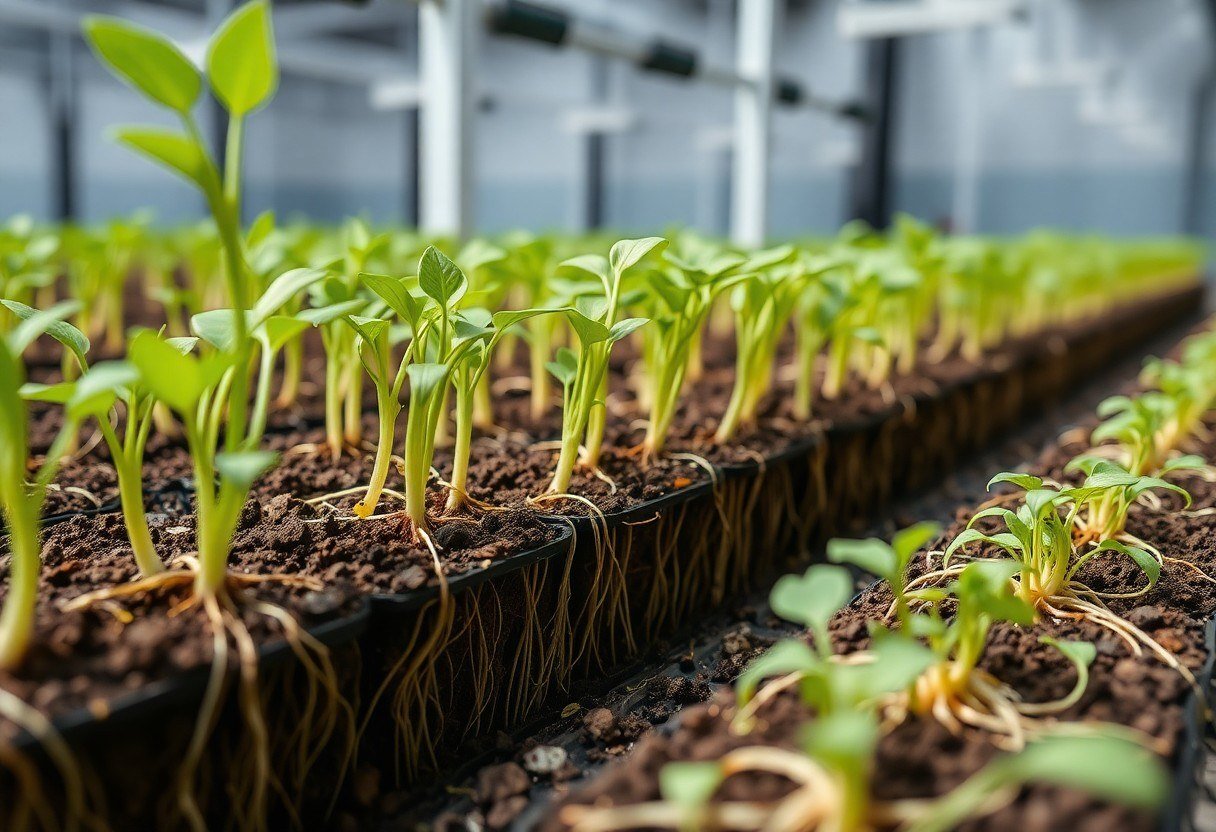 Plant roots growing in a controlled environment